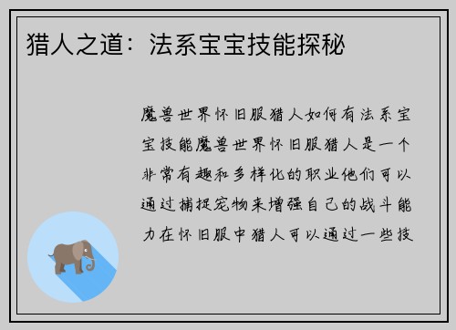 猎人之道：法系宝宝技能探秘